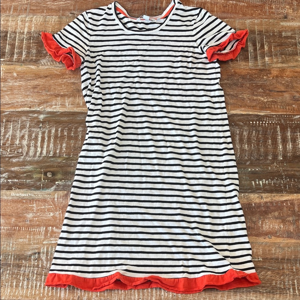 Boden Black and White Striped Dress with Red Trim